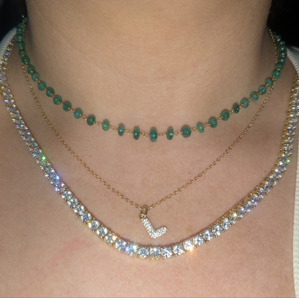 14k Yellow Gold Emerald Beaded Rosary Style Station Necklace
